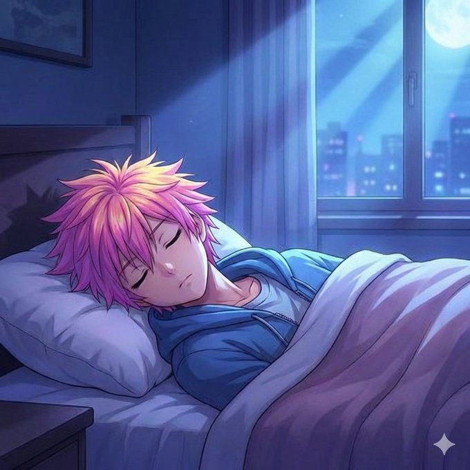 An anime-style illustration of a pink-haired character peacefully sleeping in bed, bathed in moonlight streaming through a window with a city skyline view.