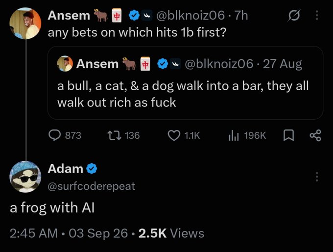 A screenshot of a Twitter/X exchange where user @blknoiz06 asks "any bets on which hits 1b first?" in response to his own joke post about a bull, cat, and dog walking into a bar, prompting @surfcoderepeat to reply "a frog with AI," referencing the $IMD token mentioned in the accompanying bullish post.