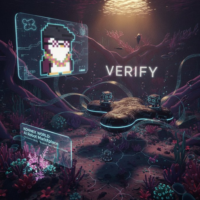 An underwater scene featuring a futuristic device on the seafloor with the word "VERIFY" displayed, alongside holographic screens showing a pixelated character and text reading "KONNEX WORLD: AI Robot Marketplace".