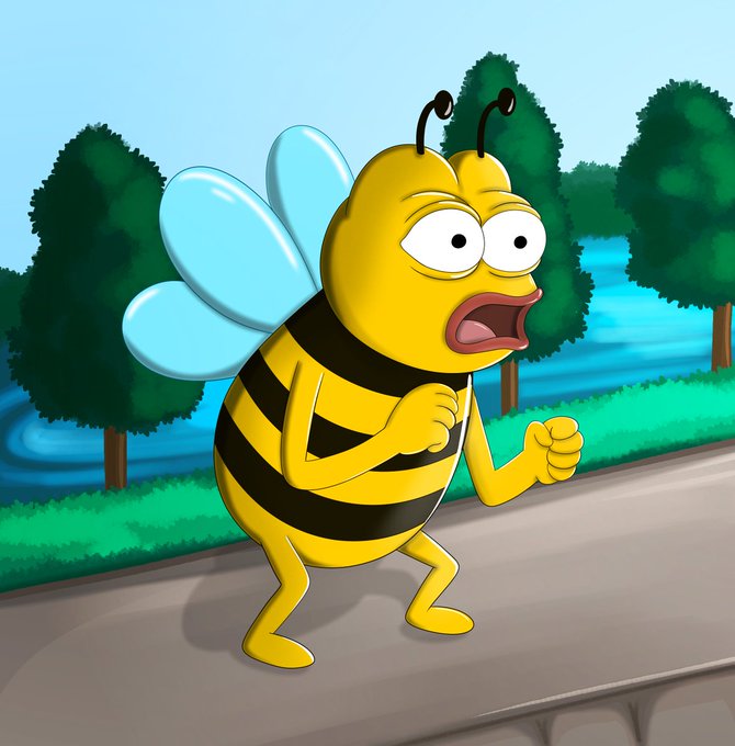 A cartoon illustration of a yellow and black bee with blue wings looking surprised or panicked, running on a sidewalk with trees and water in the background.