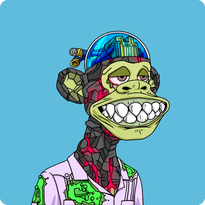 A digital illustration of a cyborg monkey with an exposed brain encased in a glass dome, wearing a stained white lab coat against a blue background.