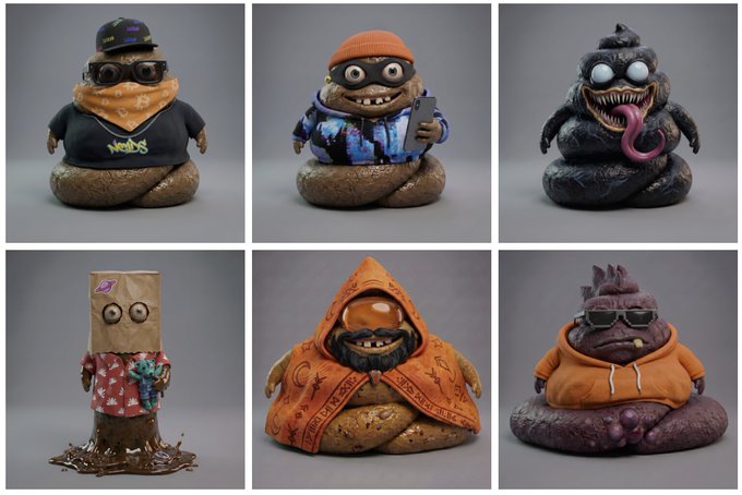 A grid of six sculpted Claynosaurz figures, each a quirky poop-shaped character wearing accessories like sunglasses, a beanie, a hoodie, and a hat.