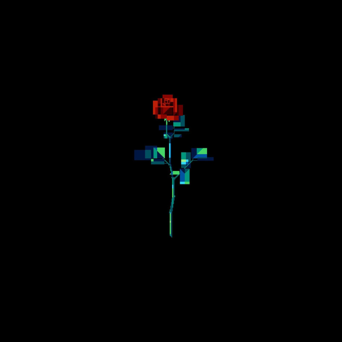 The image features a single red rose that has been photoshopped into a digital art piece. The rose appears to be floating in space with a black background, giving it an ethereal appearance. The rose is positioned centrally within the frame, drawing attention to its vibrant color and unique design. The image also includes text elements related to the artist's name and social media account, providing context for the artwork.