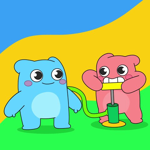 A cartoon bear holding a green pump with a yellow handle, while another cartoon bear looks at him.