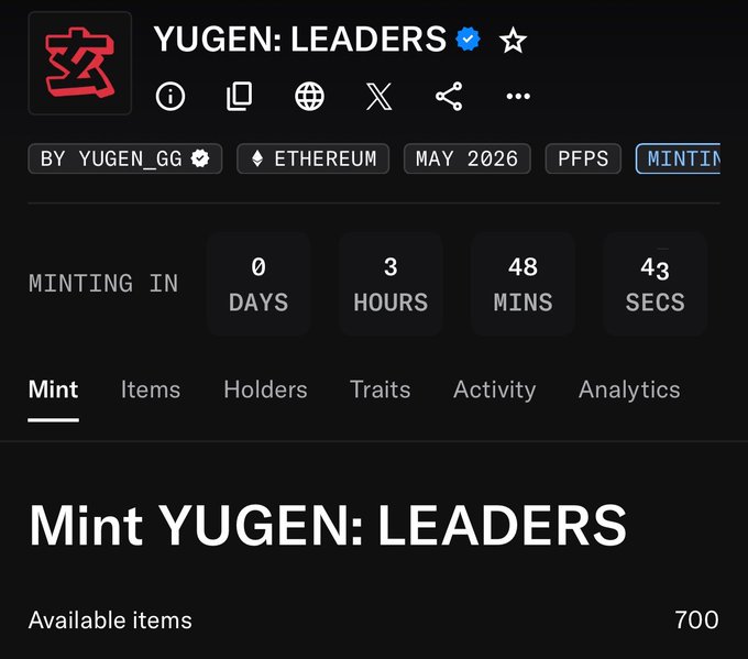 The image shows a black background with white text that reads " Mint Yugen - Leaders". The text also includes a list of items available for purchase, along with their prices. The post suggests that there are 700 supply items available at a mint price of 0.22 ETH. This implies that the item is likely to be sold for less than 1 Ether token due to its mint status.