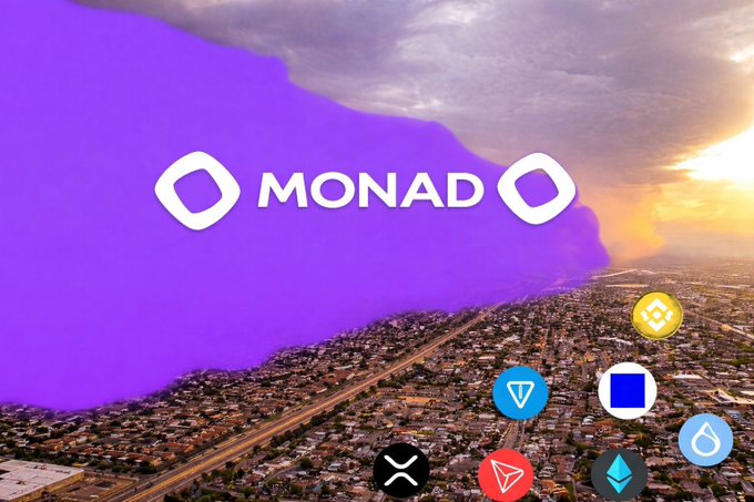 The image displays the Monad logo and various cryptocurrency icons, including BNB, XOR, TRX, and ETH, set against a backdrop of a city at sunset, suggesting Monad's upcoming launch and integration with other crypto projects.