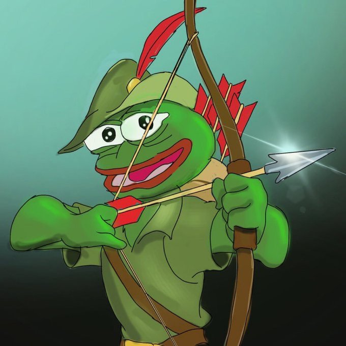 A cartoon of Pepe the Frog dressed as Robin Hood, drawing a bow and arrow.