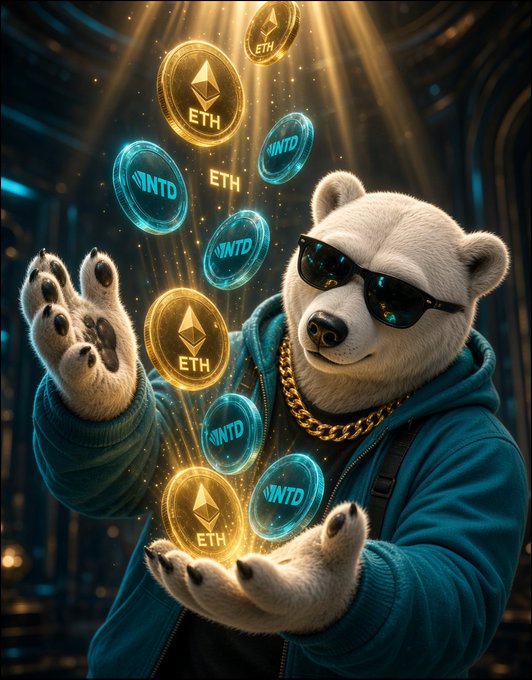 A digital illustration of a white bear wearing sunglasses, a gold chain, and a teal hoodie, juggling glowing golden 'ETH' (Ethereum) and blue 'INTD' cryptocurrency coins.