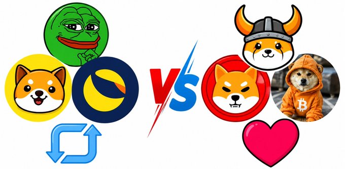 A comparison graphic with 'VS' in the center, showing various crypto meme characters including Pepe, Doge, Terra, Shiba Inu, and Bitcoin-themed dogs on opposing sides.