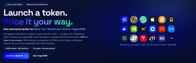 A dark-themed promotional webpage reads 'Launch a token. Price it your way.' describing a platform for tokenizing real stocks, crypto, and memes on Base, Arbitrum, Robinhood, Solana, and HyperEVM, with a '90% creator' badge and 'Launch on Base V2' button.