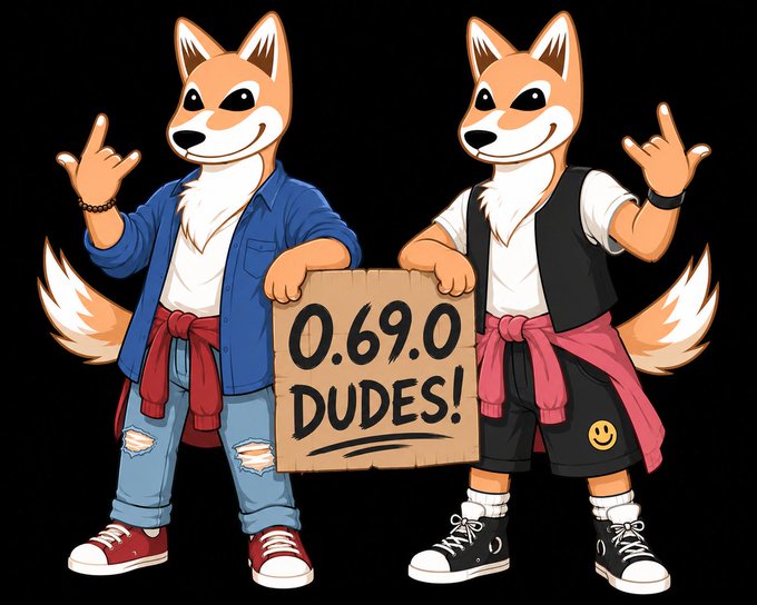 A cartoon illustration of two anthropomorphic fox characters holding a sign that reads '0.69.0 DUDES!' against a black background.