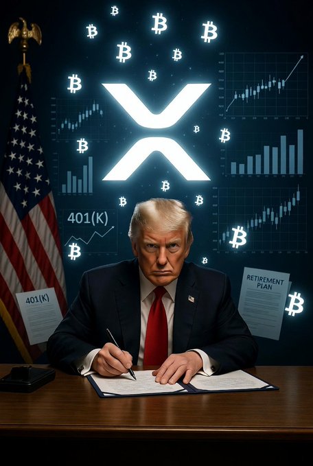 The image shows a person dressed in a suit sitting at a desk with a pen, possibly writing a document or signing a contract as they appear to be a US president. In the background, there are political posters and various charts related to crypto and bitcoin markets. The image appears to be about the president of the United States signing an order that could potentially change how retirement plans function within America, opening up digital assets like Bitcoin for millions of Americans in their portfolios.
