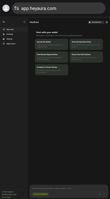 A screenshot of the heyAura web app (app.heyaura.com) showing a 'Start with your wallet' dashboard with options like 'Decode My Wallet,' 'Show My Next Best Move,' 'Find Missed Opportunities,' 'Stress-Test My Positions,' and 'Compare To Smart Money,' indicating it is wallet-connected.