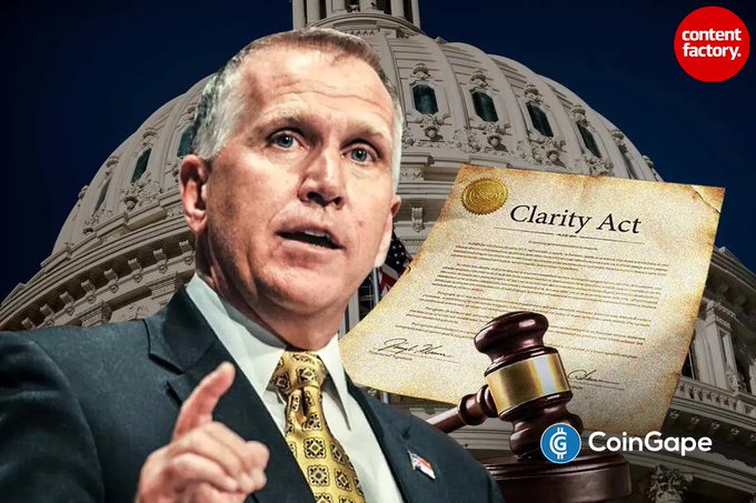 A news graphic featuring a politician beside the U.S. Capitol dome with a 'Clarity Act' document and gavel, branded with Content Factory and CoinGape logos.