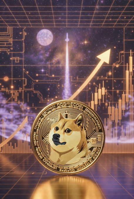 The image features a gold coin with a cartoon dog face on it, placed on a blue surface. The coin has a value of $DOGE, which stands for Dog Coin. The background of the image includes a purple sky filled with stars and a rocket ship flying through space. This scene is related to the post "Dogecoin $DOGE" as it features a cartoon dog face on a gold coin that says "Dogecoin $DOGE".