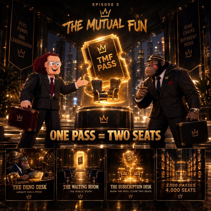 A promotional poster titled 'EPISODE 5: THE MUTUAL FUN' features a pixel-art woman and a gorilla in suits standing on either side of a glowing 'TMF PASS' ticket, with the text 'ONE PASS = TWO SEATS' and smaller panels at the bottom.