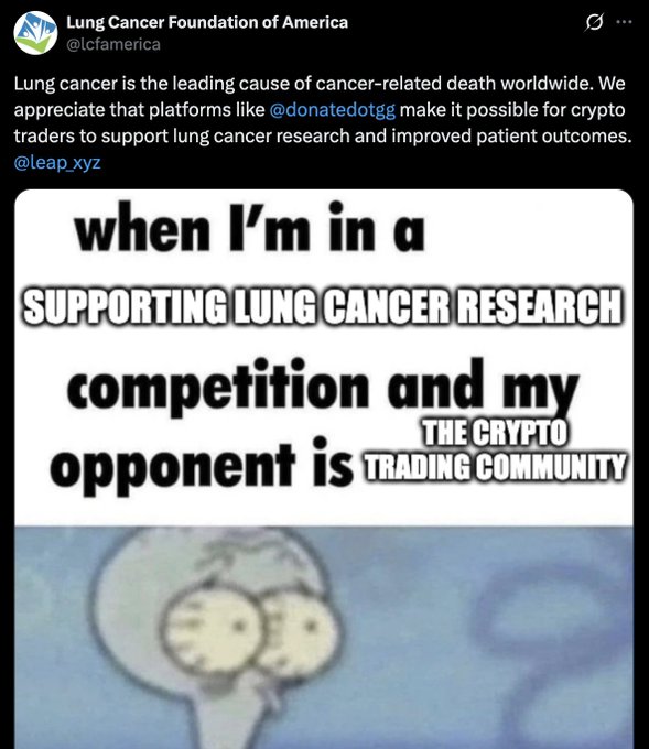 The image is a tweet from @lcfamerica (Lung Cancer Foundation of America) discussing how platforms like @donatedotgg allow crypto traders to support lung cancer research, paired with a meme showing a wide-eyed cartoon character with the text "when I'm in a SUPPORTING LUNG CANCER RESEARCH competition and my opponent is THE CRYPTO TRADING COMMUNITY."

The meme humorously relates to the post about $aircoin by suggesting the crypto trading community is unexpectedly powerful in charitable giving competitions, implying that $aircoin (dubbed the "fartcoin of fomo") is no match against a crypto community capable of mobilizing massive donations to causes like lung cancer research.