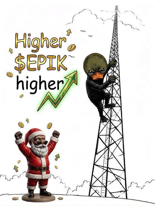 A cartoon illustration shows a figure in a suit climbing a tower to reach falling coins, with a Santa Claus figure cheering below and text reading "Higher $EPIK higher".