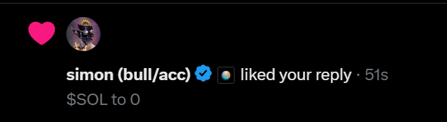 A Twitter/X notification screenshot showing a user named 'simon (bull/acc)' liking a reply that says '$SOL to 0'.