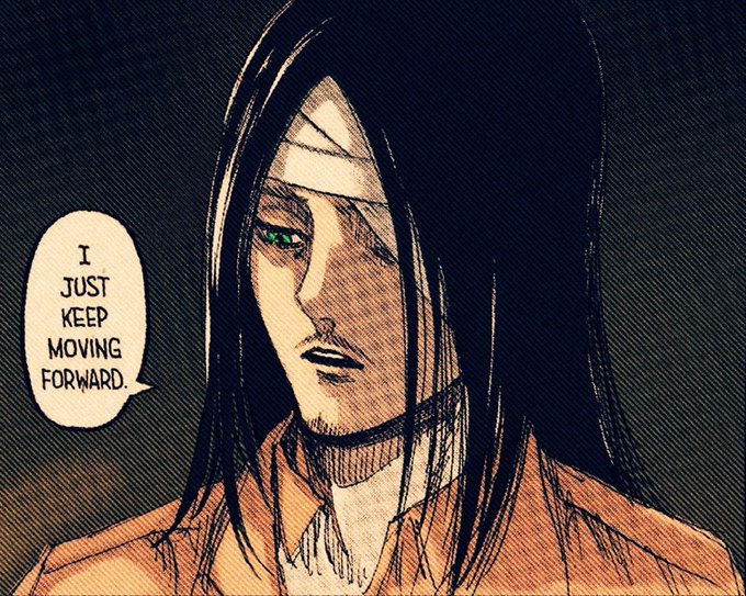 A dark-haired anime character with green eyes and a solemn expression says "I just keep moving forward," visually reinforcing the message of resilience and perseverance despite past pain, challenges, and betrayal.