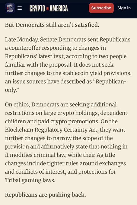The image is a Crypto in America article screenshot discussing Senate Democrats sending Republicans a counteroffer to the Clarity Act, with Democrats seeking tighter ethics restrictions on crypto holdings, exchanges, and conflicts of interest while pushing back on further changes to stablecoin yield provisions.
