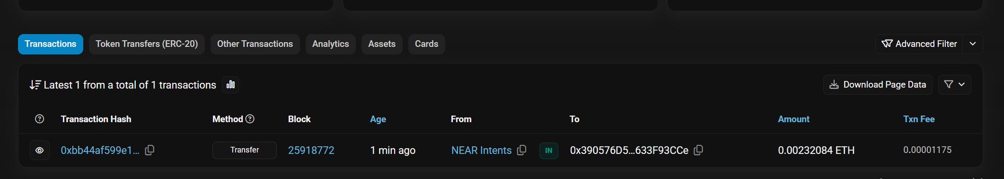 Etherscan transaction page showing a single recent "Transfer" transaction of 0.00232084 ETH (with a 0.00001175 ETH fee) from NEAR Intents to address 0x390576D5...633F93CCe on block 25918772, illustrating the ETH leg of NEAR Protocol's bridging process described in the post.