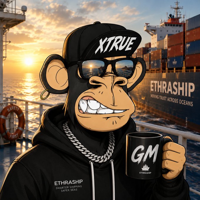 An NFT-style cartoon monkey character wearing an 'XTRUE' cap, sunglasses, and an 'ETHRASHIP' hoodie, holding a 'GM' mug with a cargo ship labeled 'ETHRASHIP' in the background at sunset.