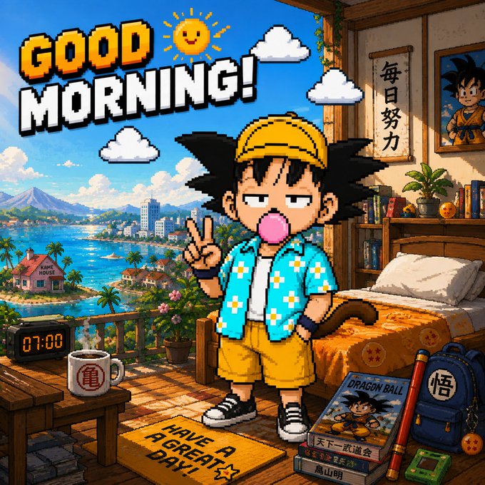 Pixel art greeting featuring a Goku-like character in a Hawaiian shirt with 'GOOD MORNING!' text, a '07:00' alarm clock, and a 'HAVE A GREAT DAY!' doormat in a vibrant anime-styled room.