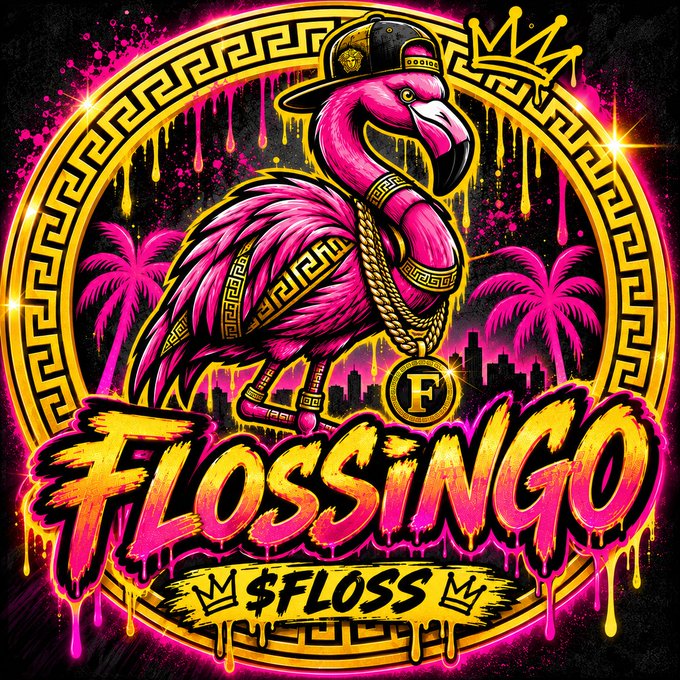 A stylized graphic featuring a pink flamingo wearing a black cap with 'BOSTIK' text, gold chains, surrounded by a gold Greek key border with the text 'FLOSSINGO' and '$FLOSS' in graffiti-style lettering.