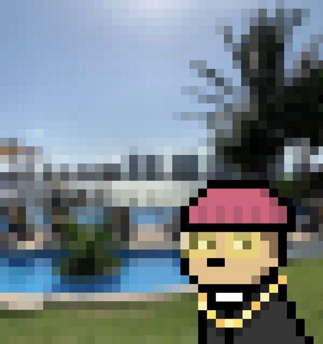 A pixel art character with blonde hair, a red hat, and gold accessories standing in front of a pixelated building and swimming pool scene.