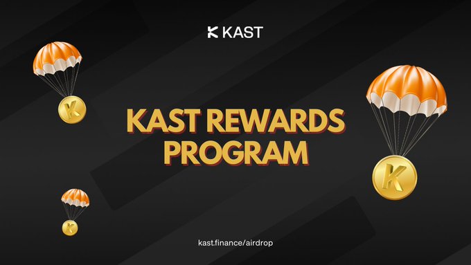 The graphic promotes the "KAST REWARDS PROGRAM" (kastfinance/airdrop) with a dark background and three orange parachutes delivering gold coins marked with "K," symbolizing an airdrop distribution to participants. The image visually reinforces the post's sentiment about early supporters who accumulated KAST Points trusting the project's promises of rewards.