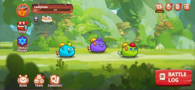 A mobile game screen titled "Axie Infinity" shows three colorful axie creatures on a green landscape with UI elements for Shop, Meta Morph, Battle Log, and a "Leafyman" player profile at Level 1.