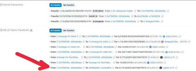 A screenshot of cryptocurrency transaction history showing transfers involving wrapped Ether (WETH), USDC, Lighter (LIT), and Avalanche (AVAX), with a red arrow pointing to a specific USDC transaction from address '0xff9a358...22cbc991e'.