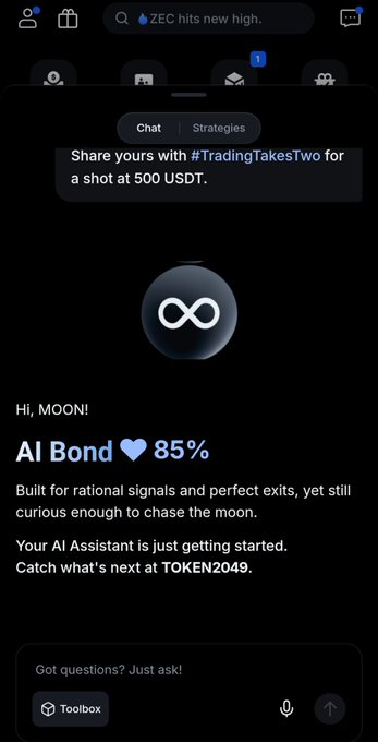 A mobile app interface for an AI assistant displays a black screen with the text 'Hi, MOON! AI Bond 85%' and mentions 'TOKEN2049' along with a '#TradingTakesTwo' hashtag offering 500 USDT.