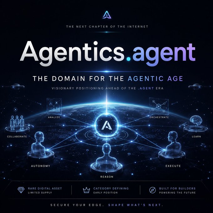 A promotional graphic for "Agentics.agent" featuring the tagline "THE NEXT CHAPTER OF THE INTERNET" and "THE DOMAIN FOR THE AGENTIC AGE," showcasing a futuristic AI network with nodes labeled ANALYZE, COLLABORATE, AUTONOMY, REASON, EXECUTE, LEARN, and ORCHESTRATE, plus value props including "RARE DIGITAL ASSET."