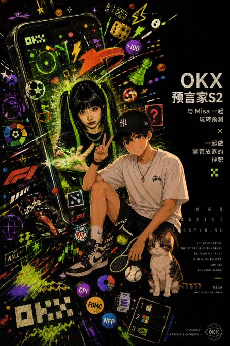 A vibrant promotional poster for OKX Predict Season 2 featuring anime-style characters, a cat, and various crypto-themed icons.