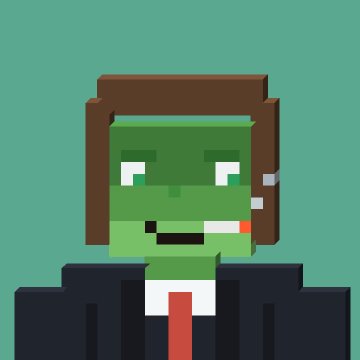 A pixel art character of a green-skinned zombie-like figure with brown hair, wearing a black suit and red tie, against a teal background.