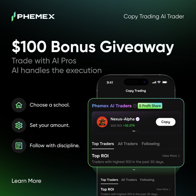 The image displays a cell phone, possibly an iPhone, with a screen that shows information about an AI trader. It appears that there's an advertisement for an AI trading offer where users can receive $100 bonus. The phone's screen also has text that provides details of the offer and invites users to choose a school to participate in the trader training. Additionally, it mentions tips on how to set up the AI trader, follow discipline, maximize profits with the trader, copy traders for free, and learn more about the best trading opportunities available through the AI Trader application.