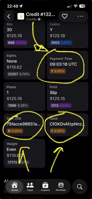 A mobile app screenshot displays credit details with yellow circles and arrows drawn over the 'Payment Time', 'Seed', and 'SKU' fields, pointing out key information about a print product.