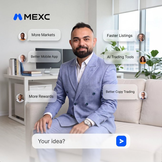 A promotional image for MEXC exchange featuring a smiling man in a blue suit sitting on a couch, with floating user avatars and speech bubbles highlighting features like 'More Markets', 'Better Mobile App', 'Faster Listings', 'AI Trading Tools', 'More Rewards', and 'Better Copy Trading', above a 'Your idea?' chat bar.
