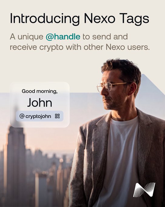 A promotional ad for Nexo features a bespectacled man in a checkered blazer overlooking a city skyline, alongside a sample tag card reading "Good morning, John @cryptojohn," illustrating the post's message about replacing complex crypto wallet addresses with simple, personalized @handles for sending and receiving crypto.