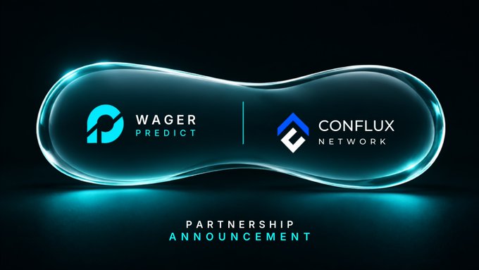 A partnership announcement graphic featuring the logos of WagerPredict and Conflux Network on a glowing cyan capsule design.