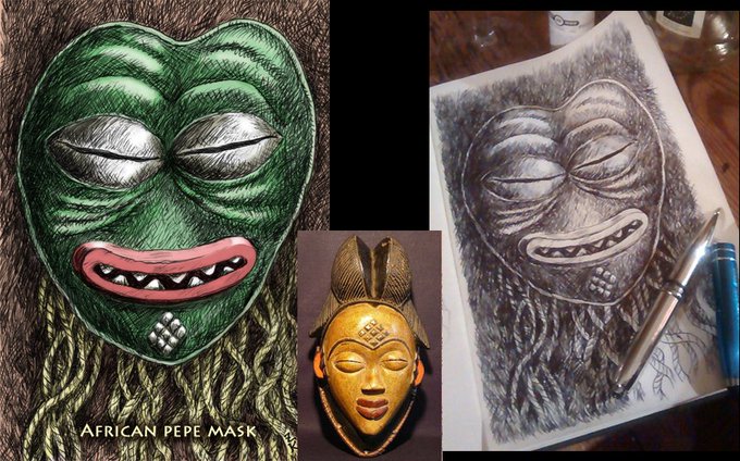 The image showcases "African Pepe Mask" artwork featuring a green Pepe character stylized as an African mask alongside traditional African mask references and a pencil sketch version. The accompanying post describes this as Rare Pepe Series 33, Card 23 - PEPEAFRIKEK by @Zederwan, a 1/250 edition card depicting Pepe fused with African mask aesthetics, valued at .0075 BTC ($495 USD).