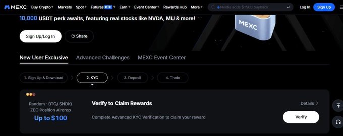 A screenshot of the MEXC cryptocurrency exchange website showing a promotion offering '10,000 USDT perk awaits' with a 4-step process (Sign Up & Download, KYC, Deposit, Trade) and a verification option for rewards up to $100.
