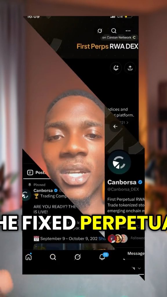 A composite video screenshot showing a man's face overlaid with social media posts from Canborsa DEX promoting 'First Perpetual RWA' trading, with bold yellow text reading '...HE FIXED PERPETUA...'