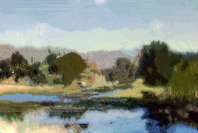 A soft, painterly landscape featuring a reflective body of water, lush green trees, and distant mountains under a pale sky. The loose, impressionistic brushwork echoes the artistic "Blurscape" style referenced in the post about the NFT "Gm Blurscape 2 1/1" from the "Death of Beauty" collection on Transient.