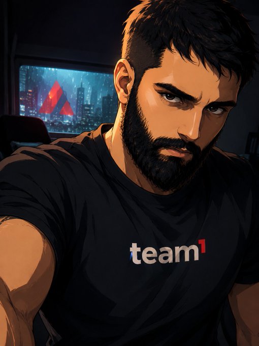 The image features a man with a beard wearing a black t-shirt that says "Team 1" on it. The man appears to be posing for a photo or selfie, possibly sharing his content creation journey with others.