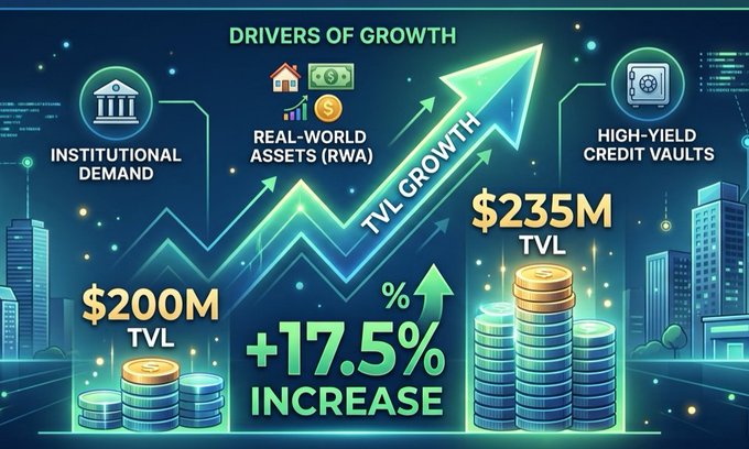 An infographic titled 'DRIVERS OF GROWTH' highlighting TVL growth from $200M to $235M, a +17.5% increase, with icons representing 'INSTITUTIONAL DEMAND', 'REAL-WORLD ASSETS (RWA)', and 'HIGH-YIELD CREDIT VAULTS'.