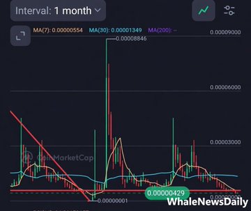 A candlestick chart with 1-month intervals displays SHIB price action, featuring moving averages (MA7: 0.00000554, MA30: 0.00001349, MA200: --) and a recent value of 0.0000420, illustrating the sharp green breakout, subsequent pullback to support, and descending red trendline referenced in the accumulation zone analysis.