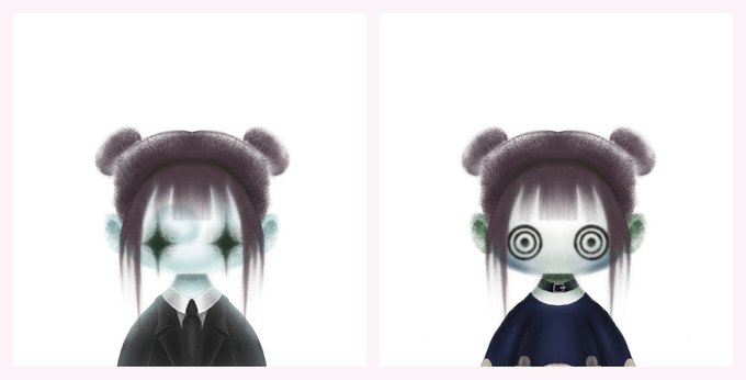 Two stylized anime-style character portraits side by side, both featuring twin buns hairstyles and modified facial features (sparkle eyes on the left, spiral hypnotic eyes on the right).